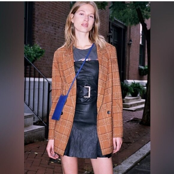 Free People Sporty Girl Uptown Blazer Caramel Brown Plaid Long Lines Size XS - Picture 8 of 12